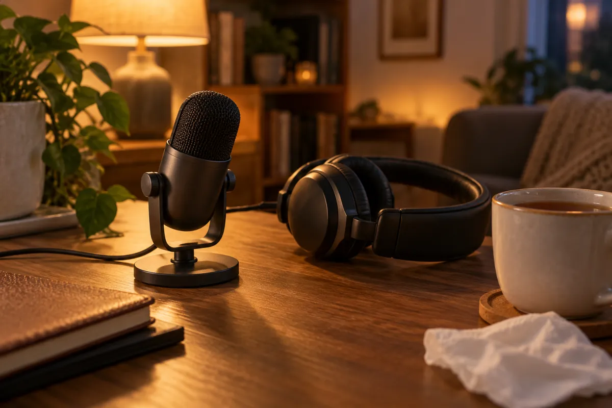 Microfone pequeno e fones de ouvido sobre uma mesa de madeira ao lado de uma xícara de chá